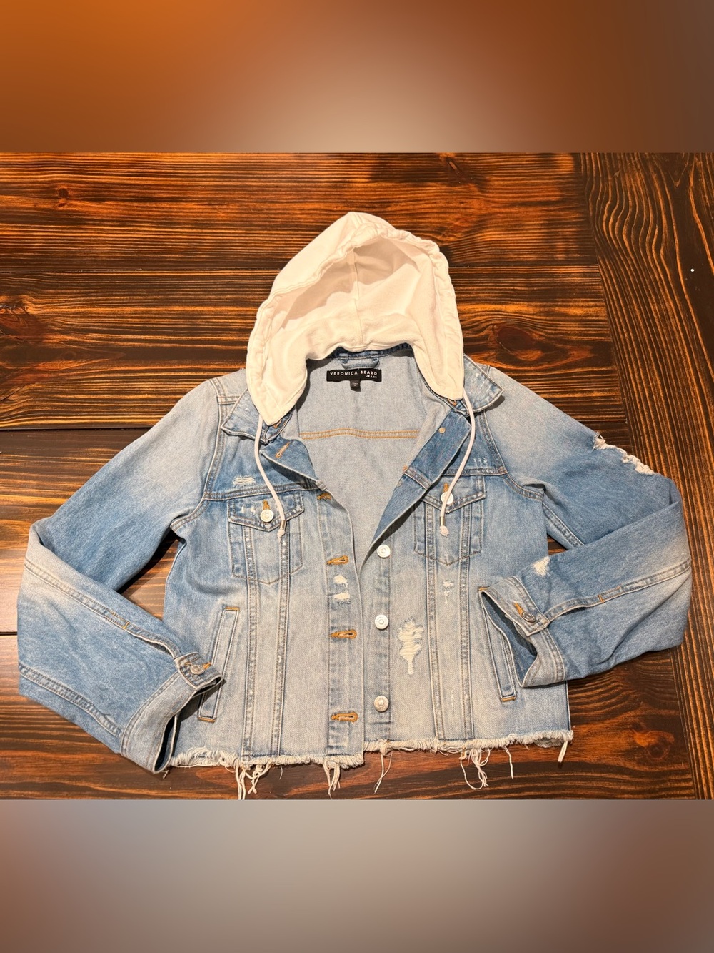 Veronica Beard Jeans Cara Distressed Denim Jacket with Removable Hood – Size M
